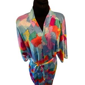 L.A Intimates Vintage Multicolor Abstract Satin Robe Kimono Wrap Long Lingerie M